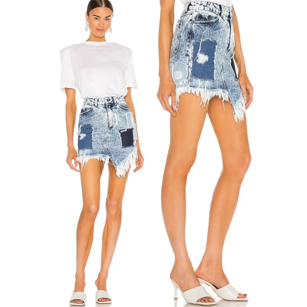 NWT Retrofete irene denim patchwork distressed skirt in light blue acid